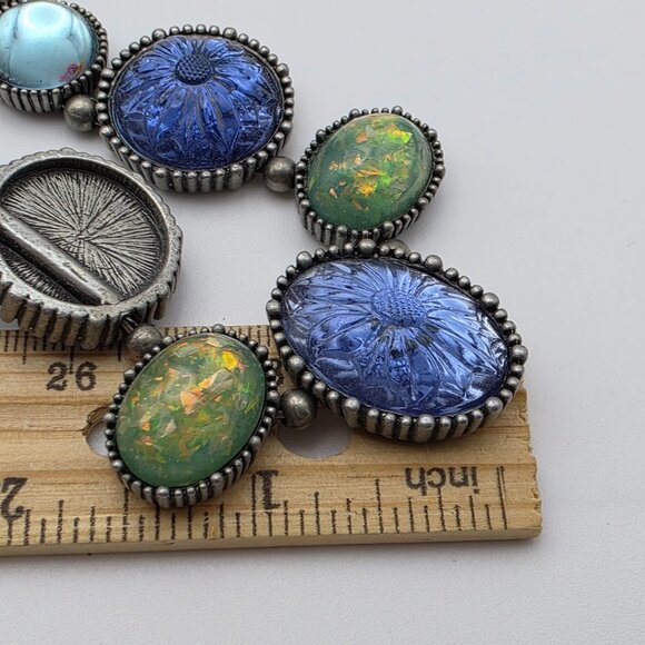 Blue Green Glass Bead Link Necklace Silver Tone Floral Molded 20" Adj Vintage - Picture 10 of 10